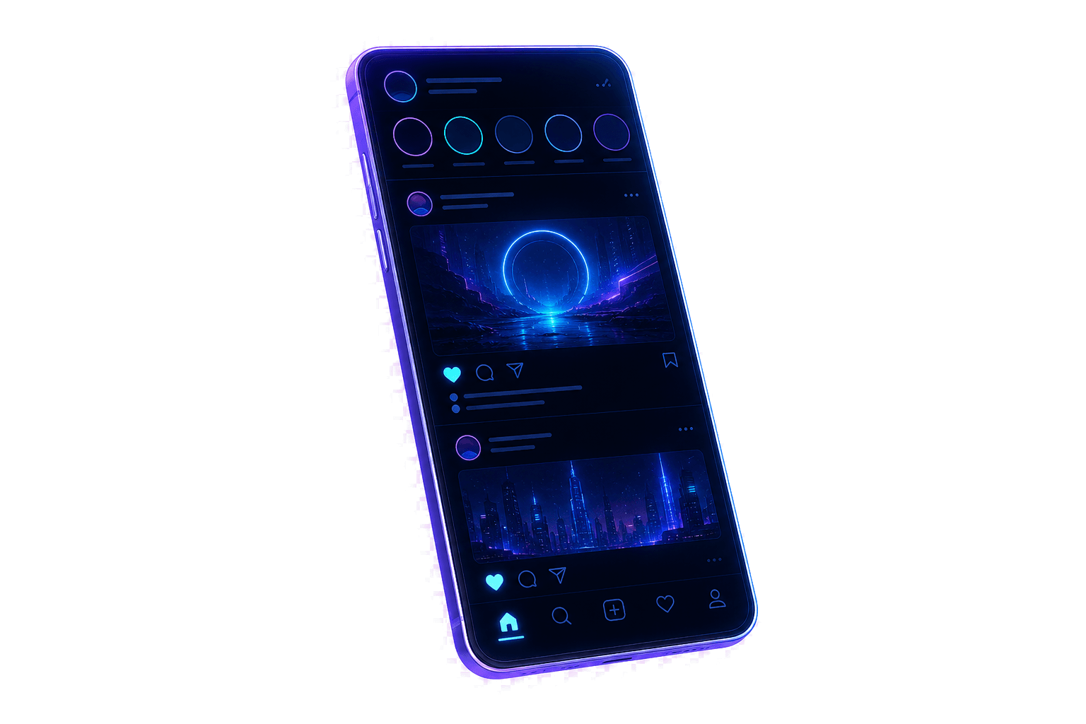 Smartphone mockup showing a social feed with glowing engagement icons
