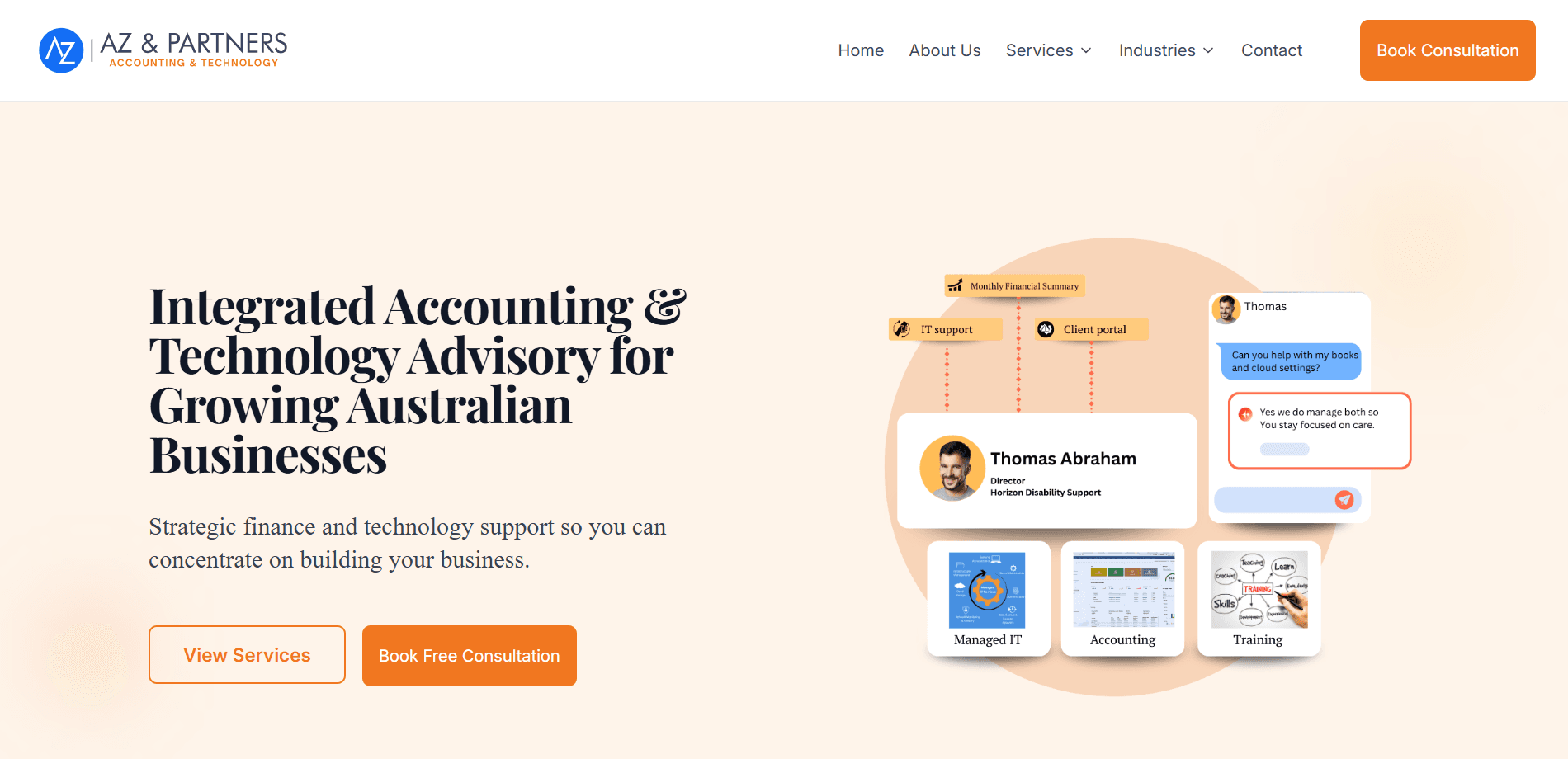 AZ & Partners website homepage with about page navigation