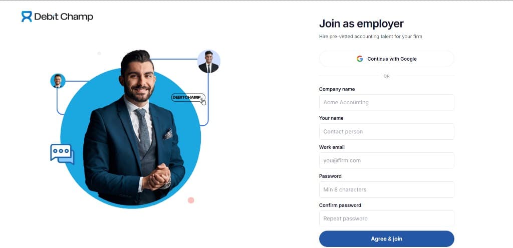 Debitchamp employer signup page, Join as employer with company registration form