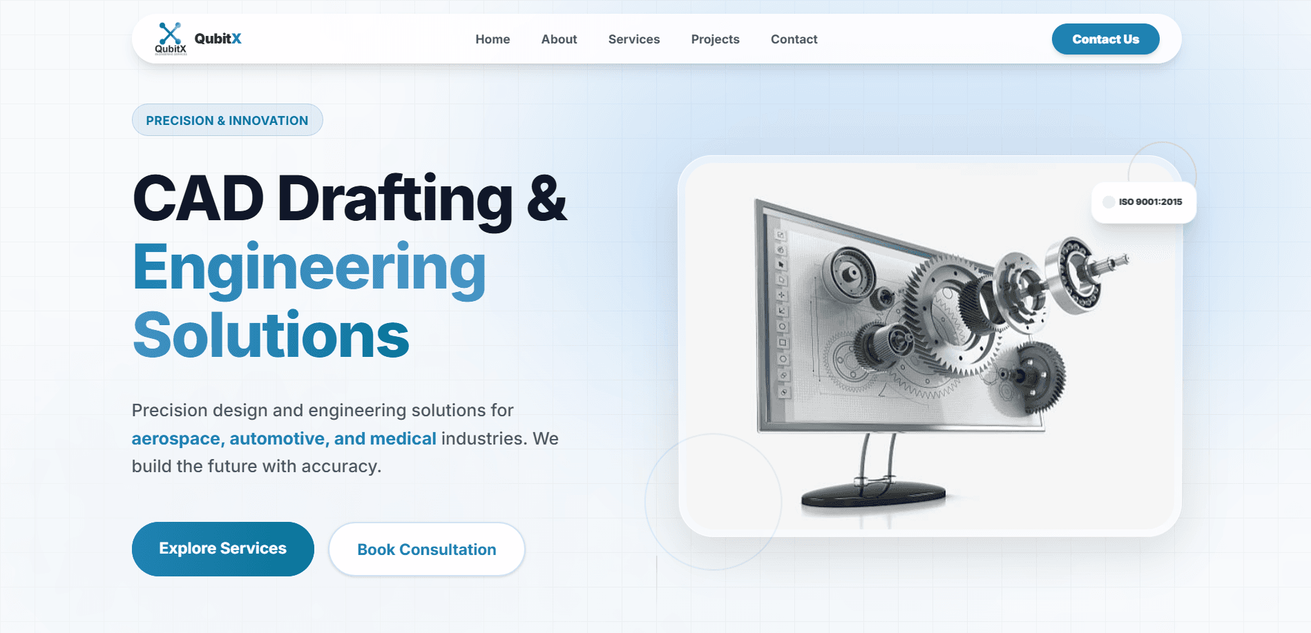 QubitXES website homepage with service overview section