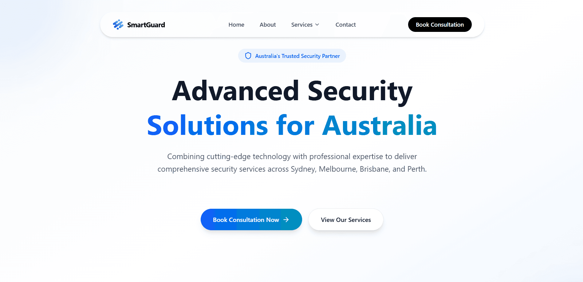 SmartGuard Group website homepage with minimal layout and clear service sections