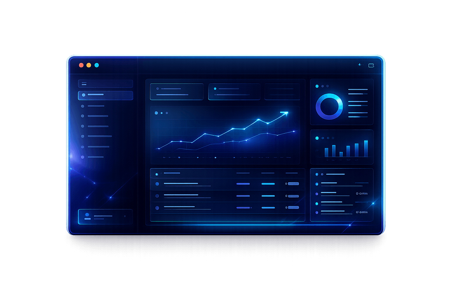 SaaS dashboard mockup panel floating in dark space