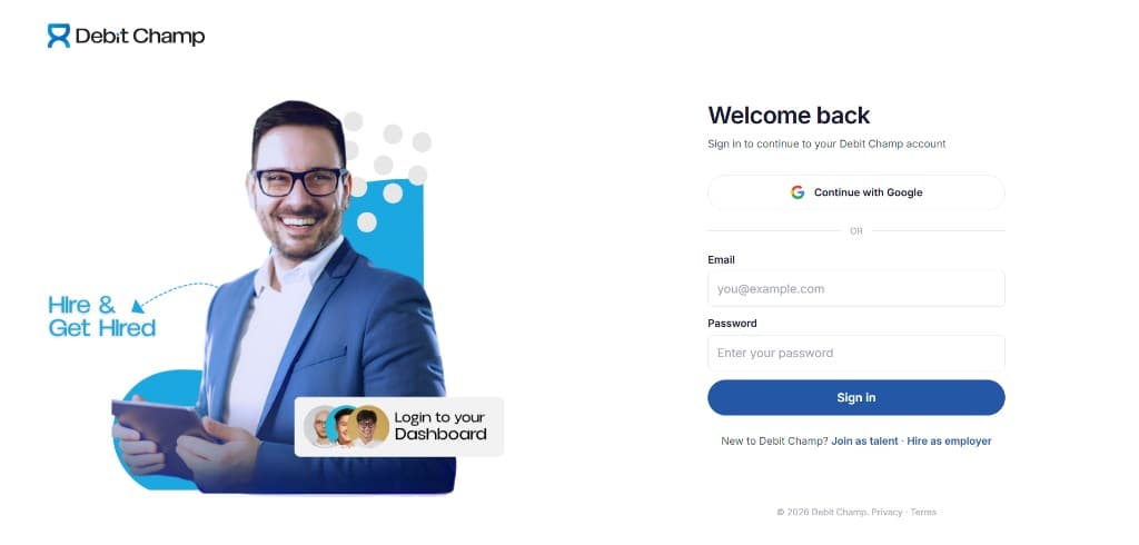 Debitchamp login page with Hire & Get Hired branding and sign-in form
