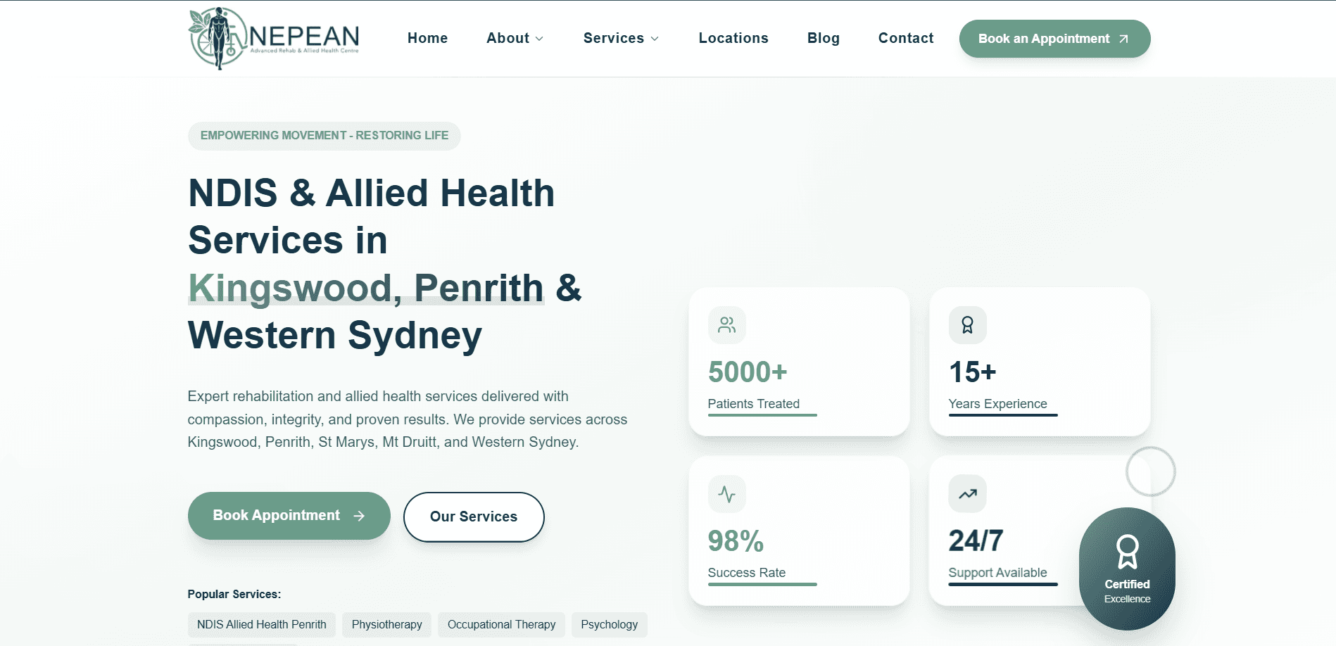 Advanced Rehab Health website homepage showing clinic services and location navigation